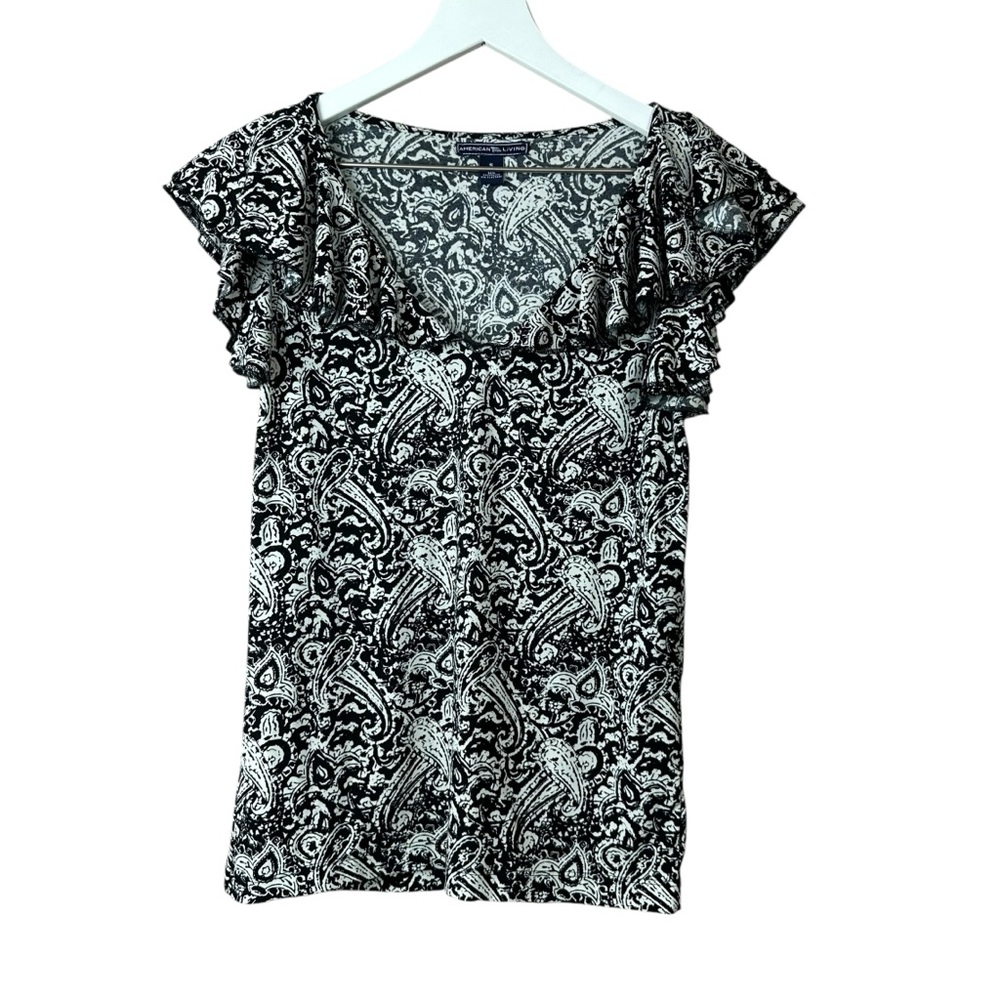 American Living Black and White Ruffle Top Women Sz S